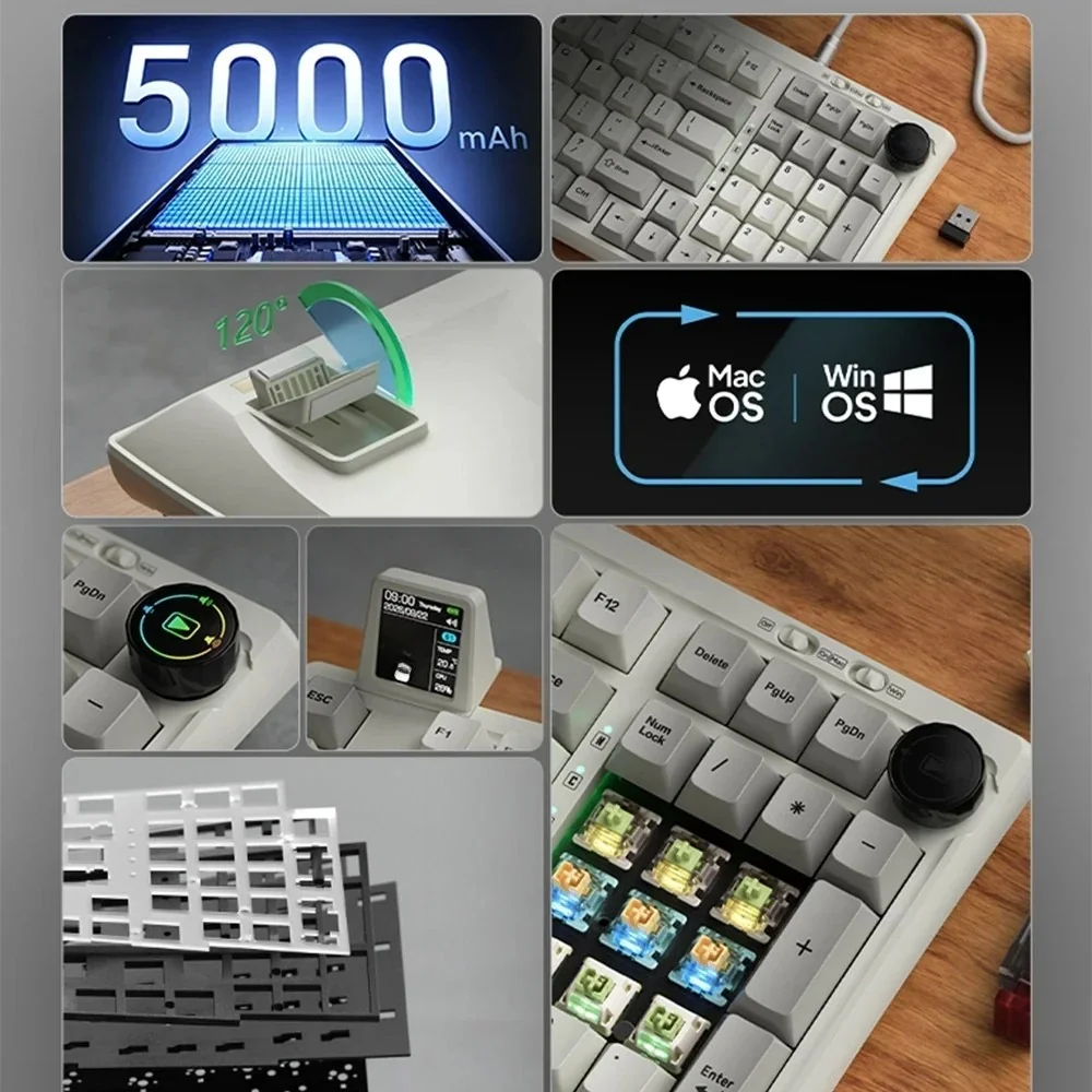 Luna Grid98 Tri-Mode Mechanical Keyboard: multiple views of its sleek modern design, customizable RGB, and smart display.