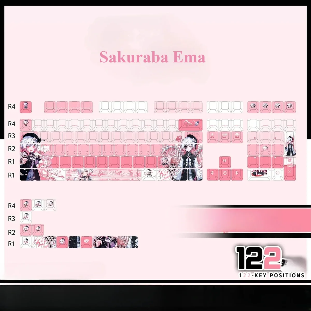 Magical Girl Witch Trials PBT shine-through keycaps set showcasing detailed Sakuraba Ema dark fantasy anime art from multiple angles.
