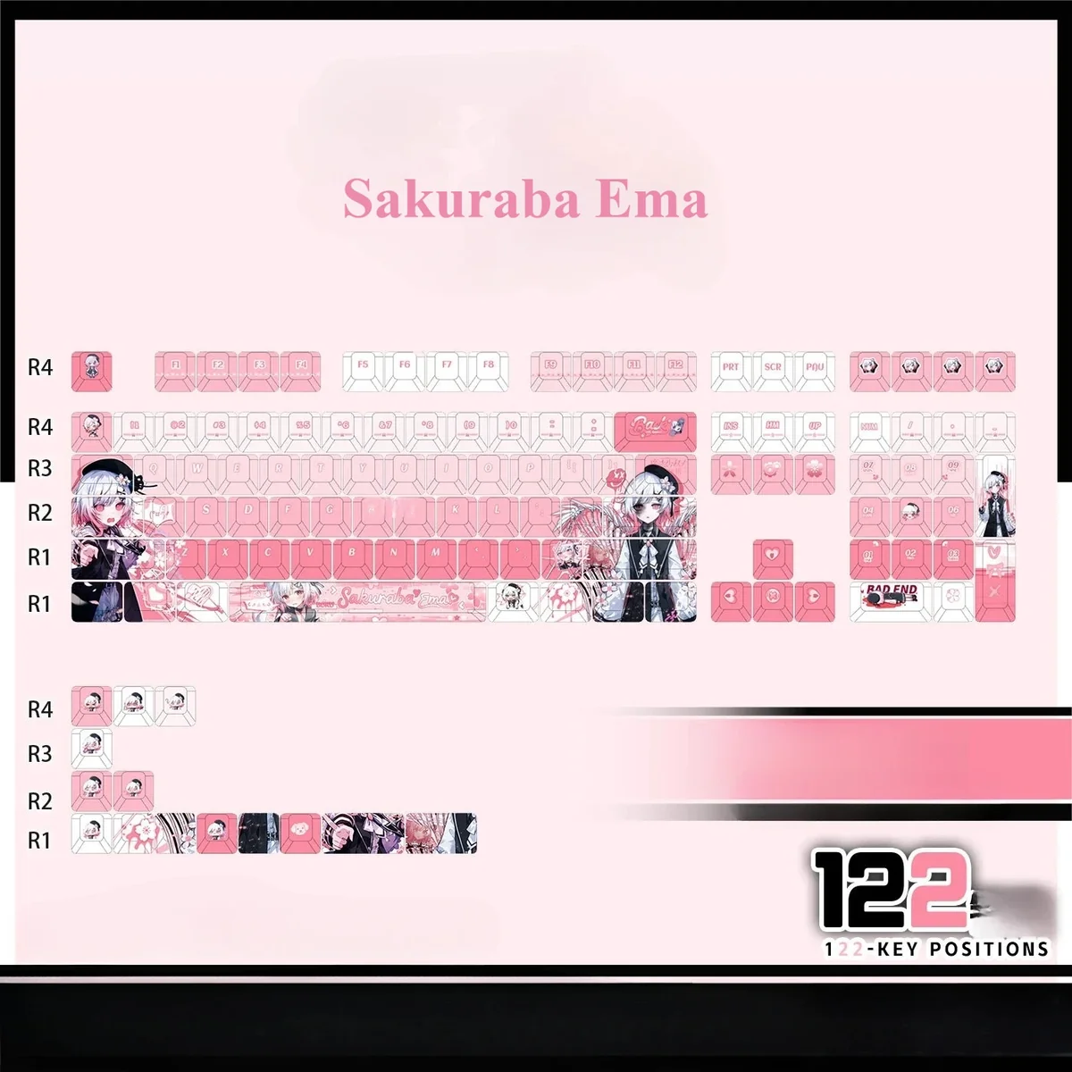 Detailed gallery view of Magical Girl Witch Trials PBT shine-through keycaps, showcasing Sakuraba Ema dark fantasy anime art.