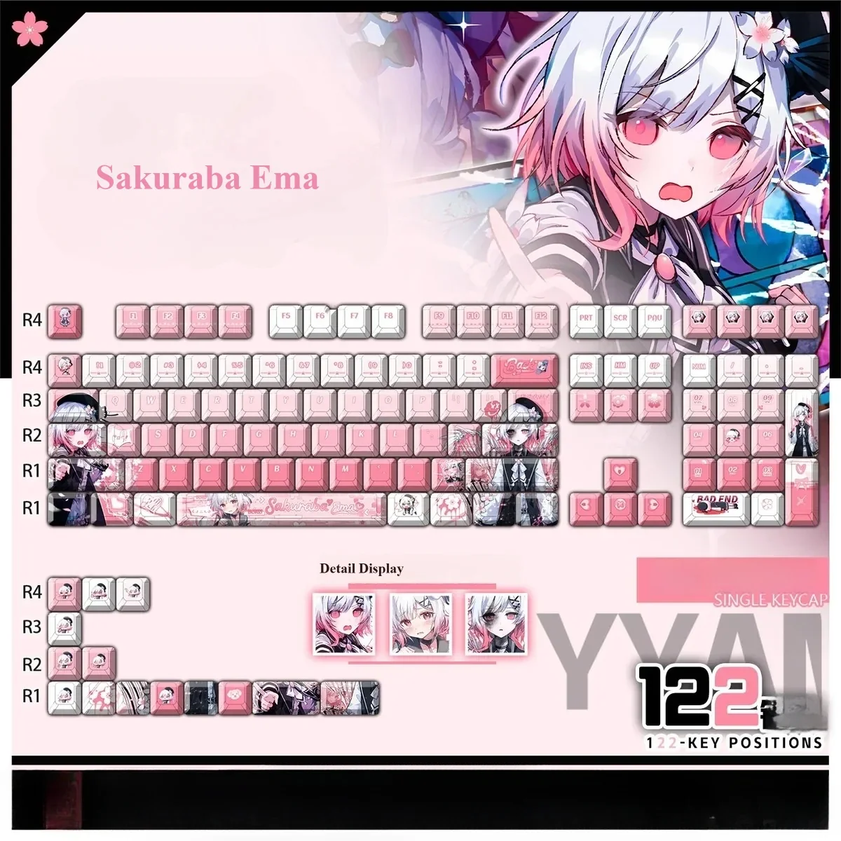 Exclusive Magical Girl PBT Shine-through Keycaps Set featuring dark fantasy anime art of Sakuraba Ema, vibrant and detailed.