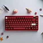 Maguro Tuna PBT Keycaps, a premium doubleshot PBT set, artfully arranged to highlight the vivid red, white, and black Japanese culinary design for mechanical keyboard.