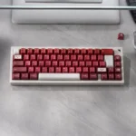 A close-up shot of Maguro Tuna PBT keycaps, showcasing their premium doubleshot craftsmanship with bold red, white, and black Japanese culinary art design.
