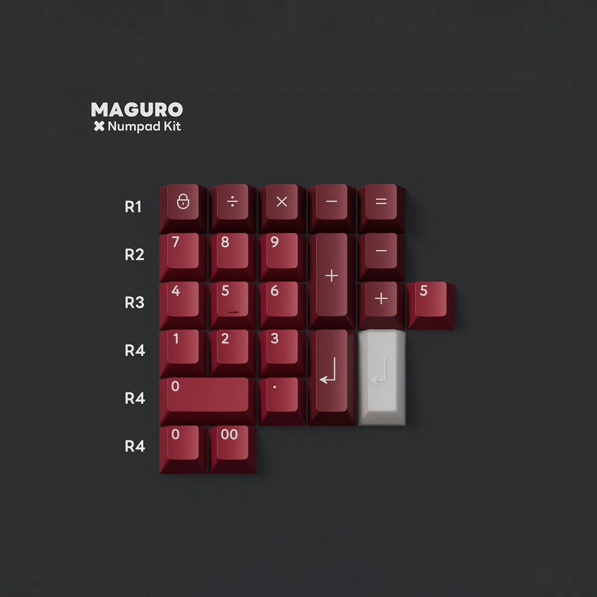 Premium doubleshot PBT Maguro Tuna keycaps base set, showcasing bold red, white, and black Japanese sushi art for mechanical keyboards.