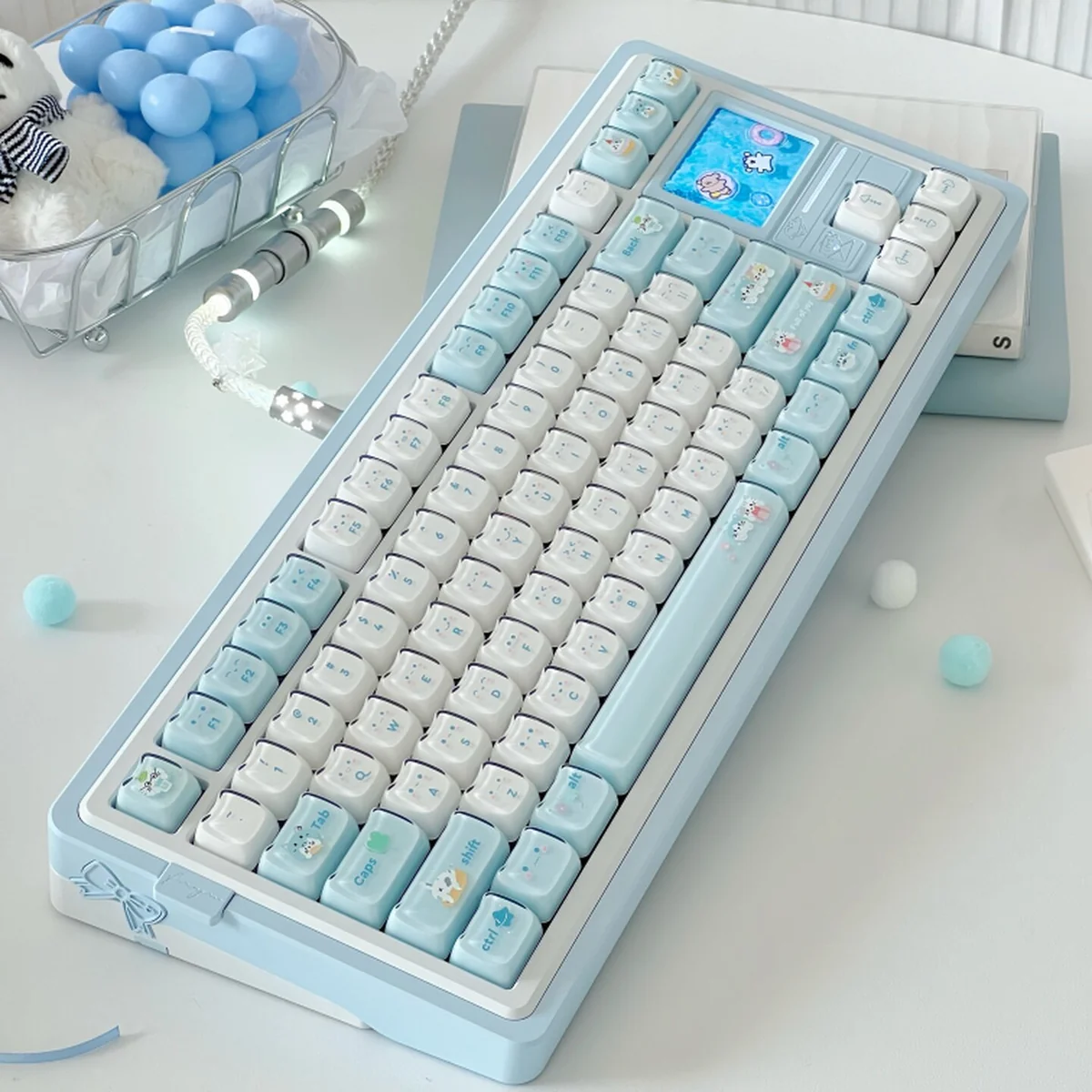 Whimsical MAO Keycap Set for an ergonomic jelly cat paradise keyboard. Soft blue and white, playful design with unique MAO profile comfort.