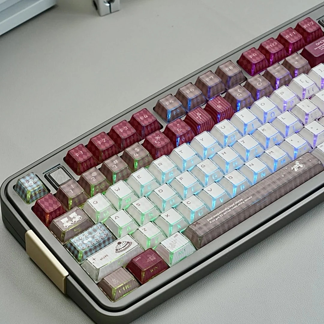 Whimsical Milky Bear PBT keycaps set, showcasing translucent legends and captivating light effects from various angles.
