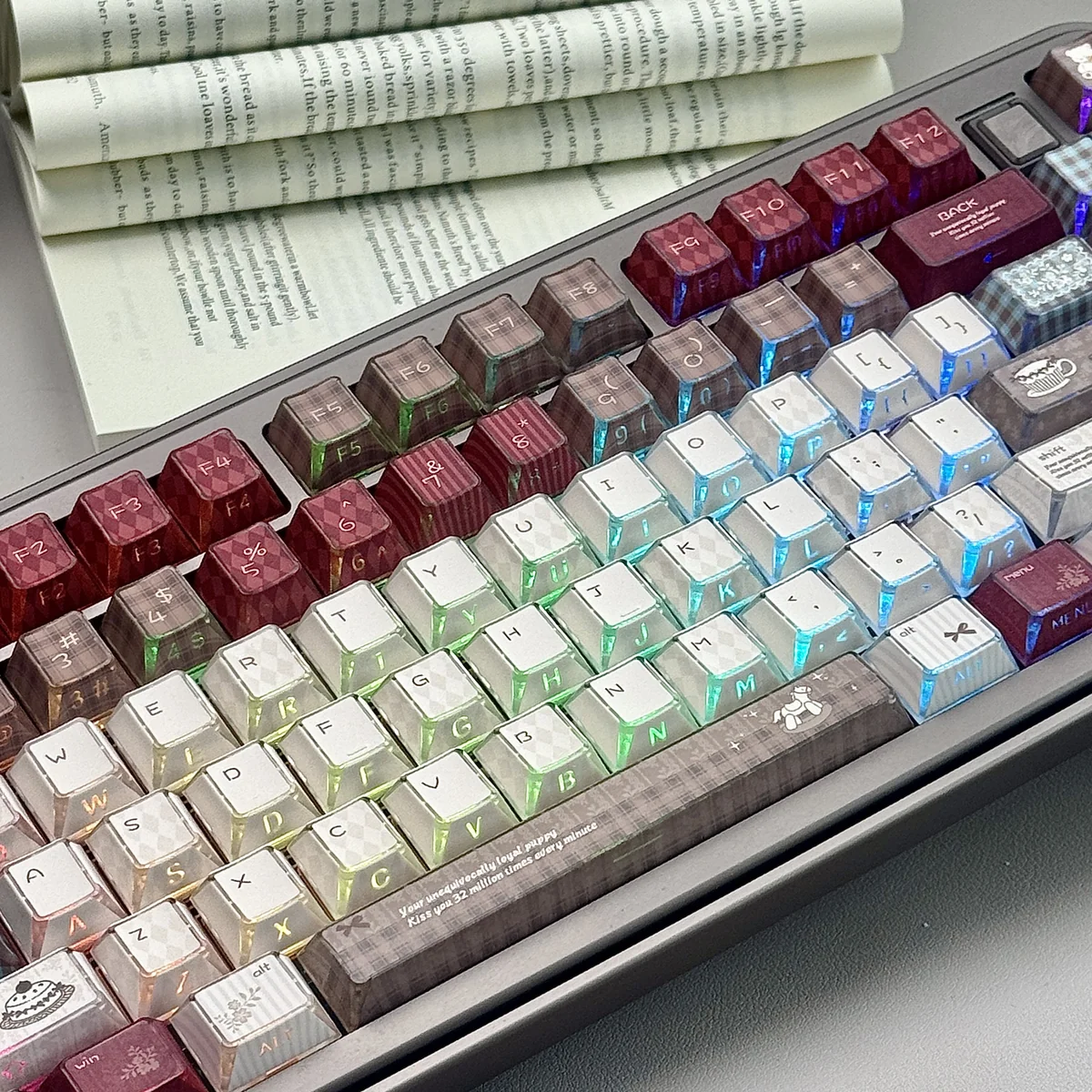 Artistic Milky Bear PBT keycaps from diverse angles, showcasing unique translucent legends and captivating light effects.