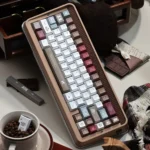Whimsical Milky Bear PBT keycaps, shown from a unique angle, highlighting the translucent material, subtle side-lit legends.
