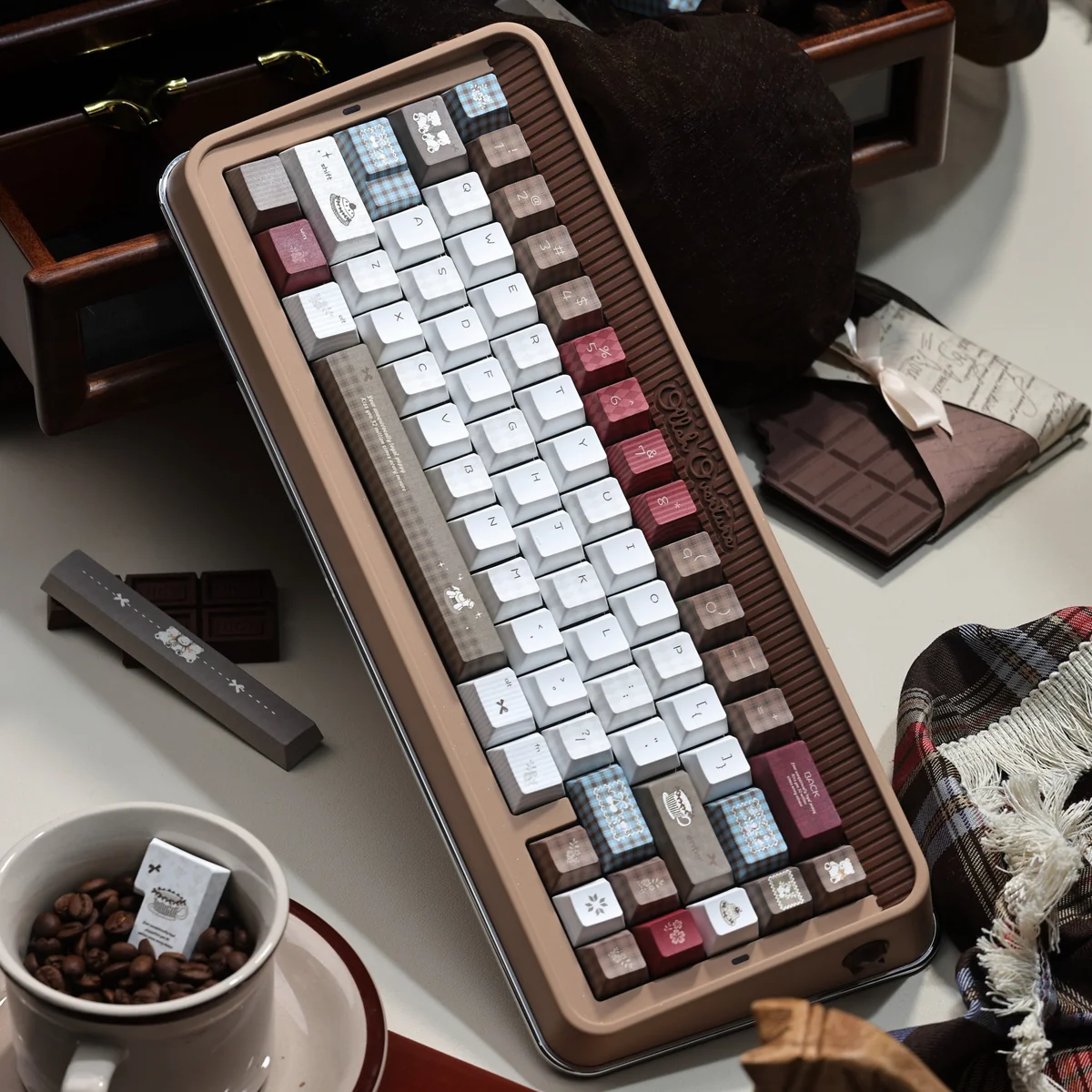 Whimsical Milky Bear PBT keycaps, shown from a unique angle, highlighting the translucent material, subtle side-lit legends.