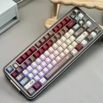 Whimsical Milky Bear PBT keycaps set, beautifully displaying translucent legends and captivating light effects on a mechanical keyboard.