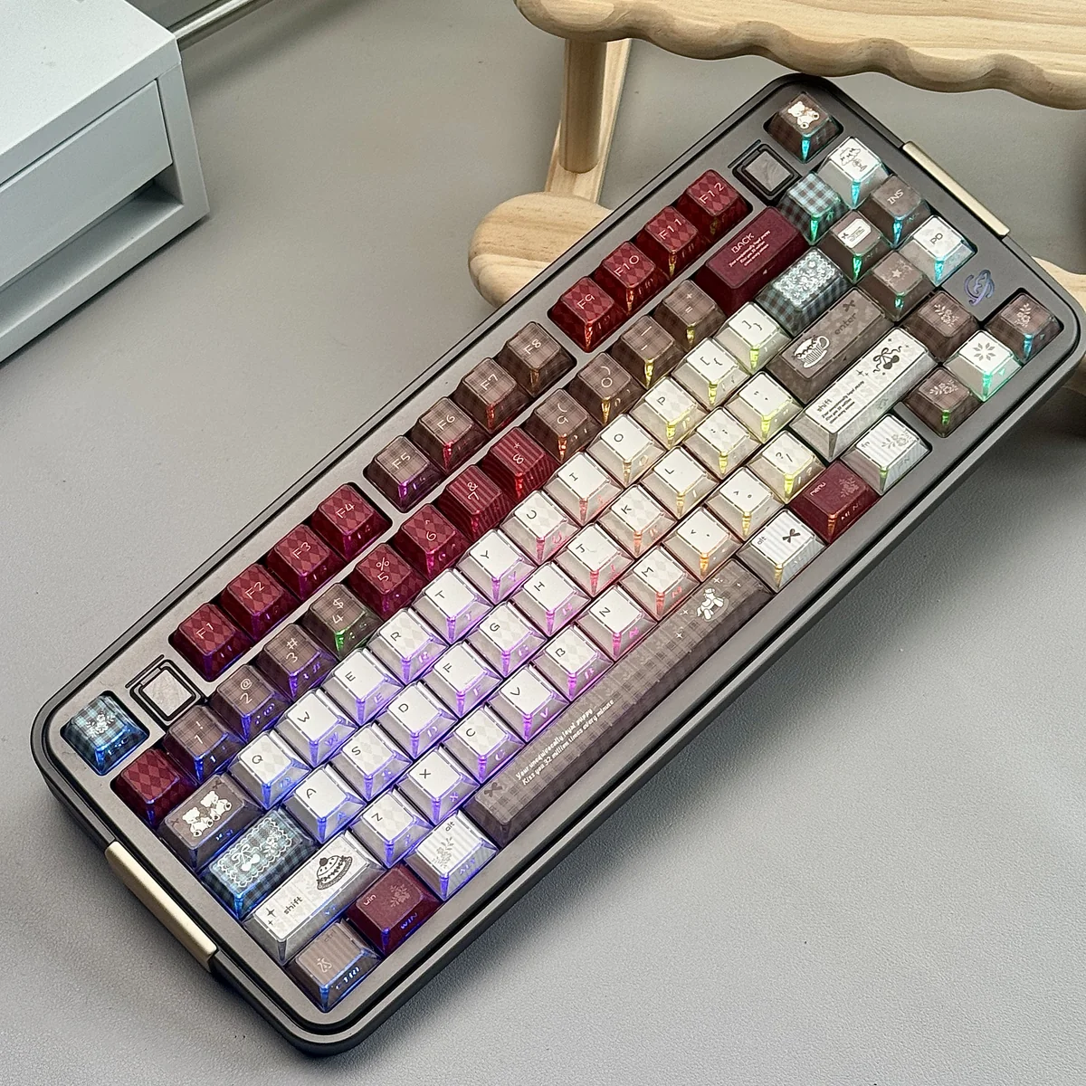 Whimsical Milky Bear PBT keycaps set, beautifully displaying translucent legends and captivating light effects on a mechanical keyboard.
