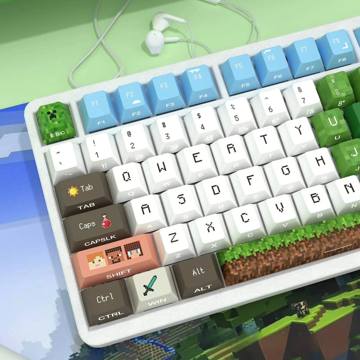 Vibrant Minecraft Nature keycaps set, showcasing iconic game elements and a backlighting-ready design.