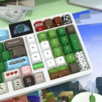 A vibrant gallery of iconic Minecraft Nature keycaps, displaying playful pixel art elements and their backlighting potential from different angles.
