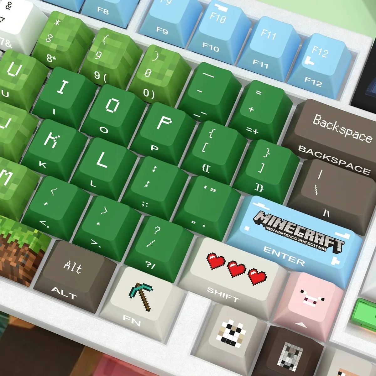 Close-up of a vibrant Minecraft Nature keycap set, showcasing iconic designs from different angles, ready for glowing backlighting.