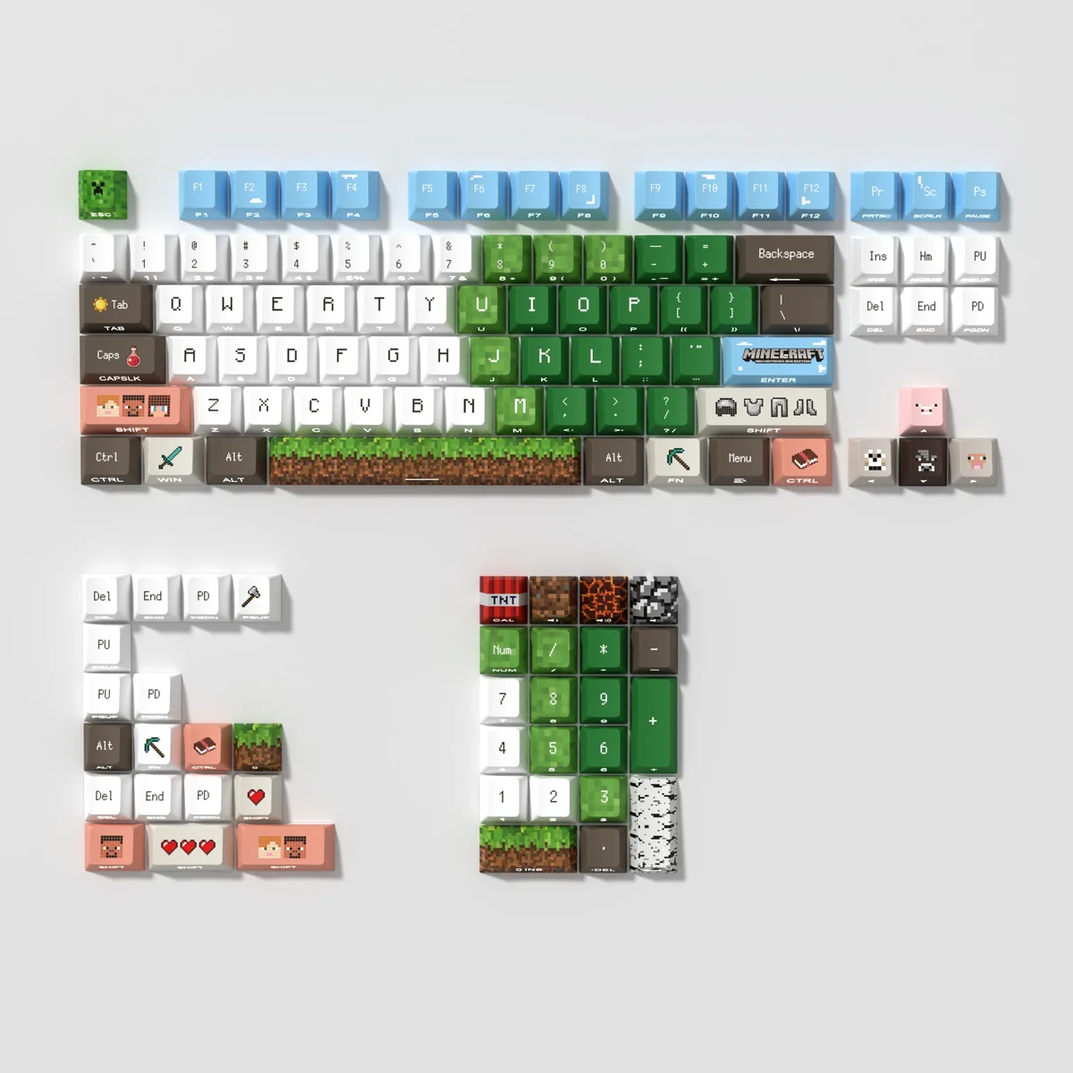Iconic Minecraft Nature keycaps, a front-engraved small full set, bringing vibrant pixel art and backlighting fun to your keyboard.