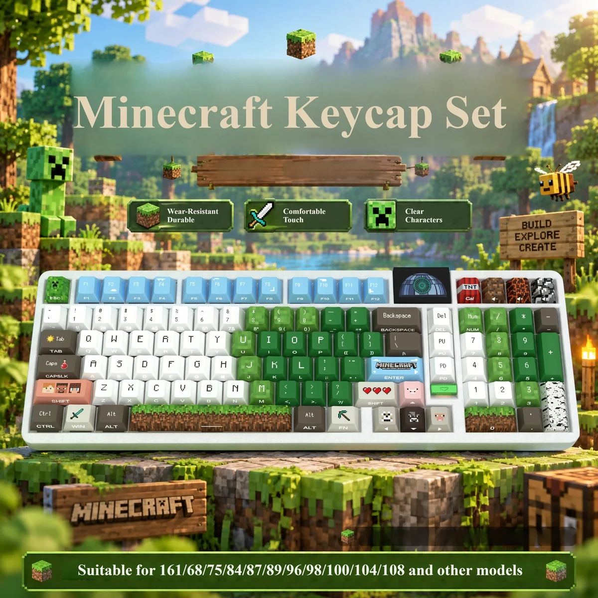 Experience iconic Minecraft Nature keycaps! This vibrant, pixelated set brings playful game art to life, perfect for any illuminated keyboard.