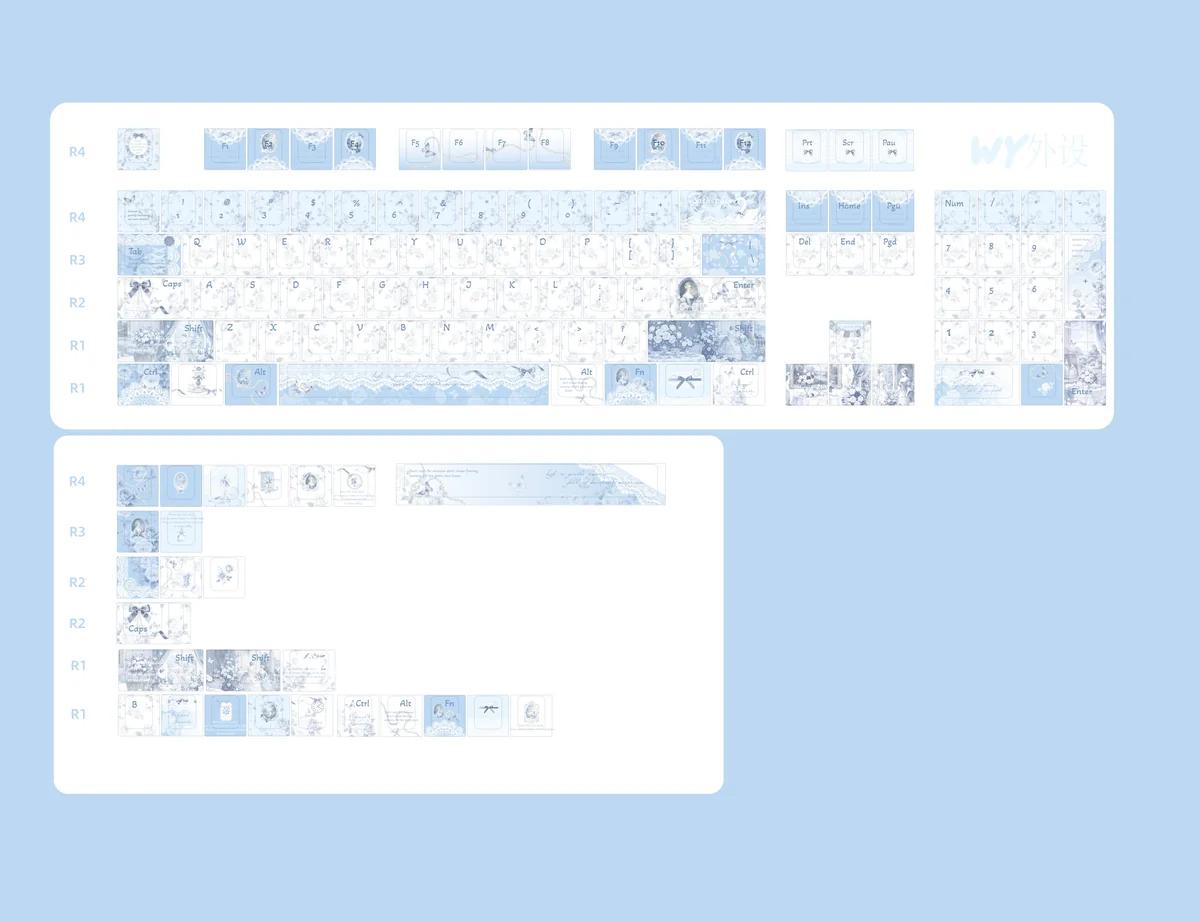 Elegant Mist Blue Floral PBT Dye-sub keycaps showcasing soft blue and white hues with delicate floral patterns, exuding tranquil elegance.