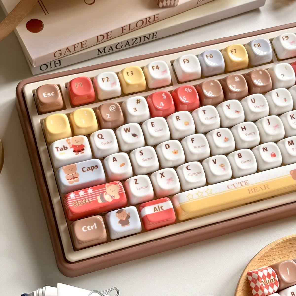 Close-up of the whimsical jade translucent bear MOA keycap set, highlighting the unique translucent jade-like resin and charming bear illustrations