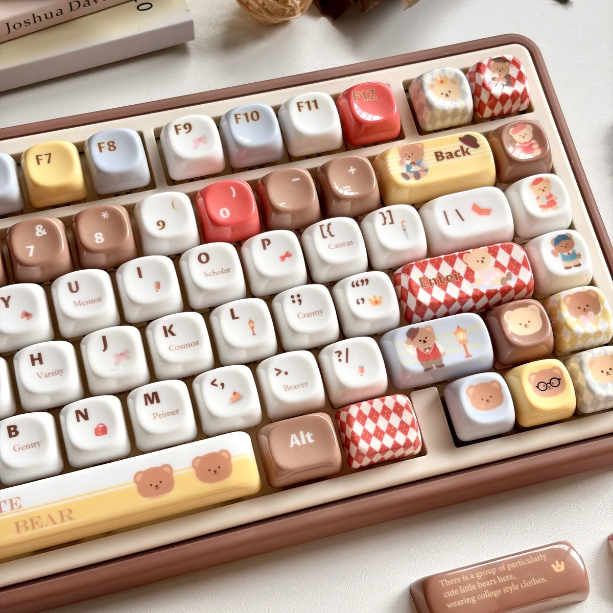 A close-up view of the whimsical jade translucent bear MOA keycap set, showcasing the unique jade-like resin and charming bear illustrations from multiple angles.