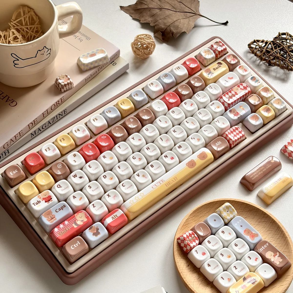 Whimsical MOA keycap set showcasing unique translucent jade-like resin with charming bear illustrations, perfect for a playful keyboard.