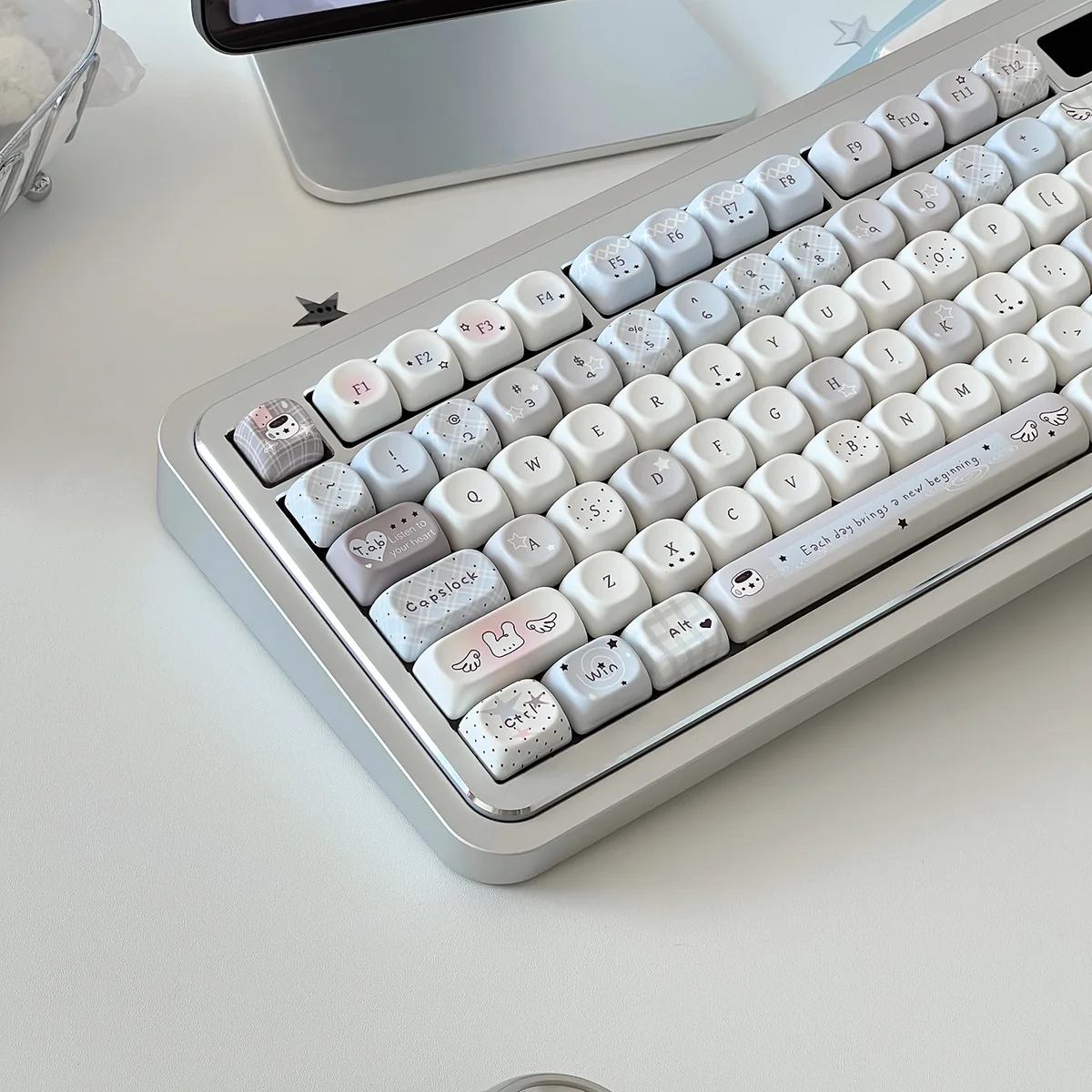 Detailed views of the Star Plaid MOA PBT keycaps, highlighting their unique uniform profile, durable PBT material, and crisp dye-sublimated.