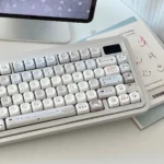 Star Plaid MOA PBT Keycaps: unique MOA profile, durable PBT, and crisp dye-sub celestial patterns, shown from varied angles.