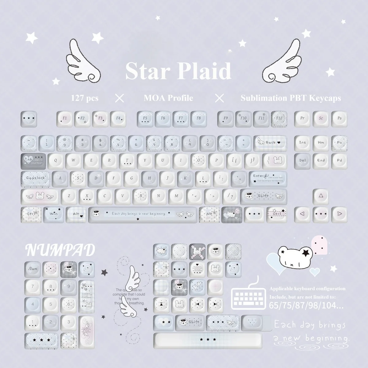 Star Plaid MOA PBT Keycaps set. Multiple views reveal the unique uniform MOA profile, durable PBT, and crisp dye-sub celestial patterns.