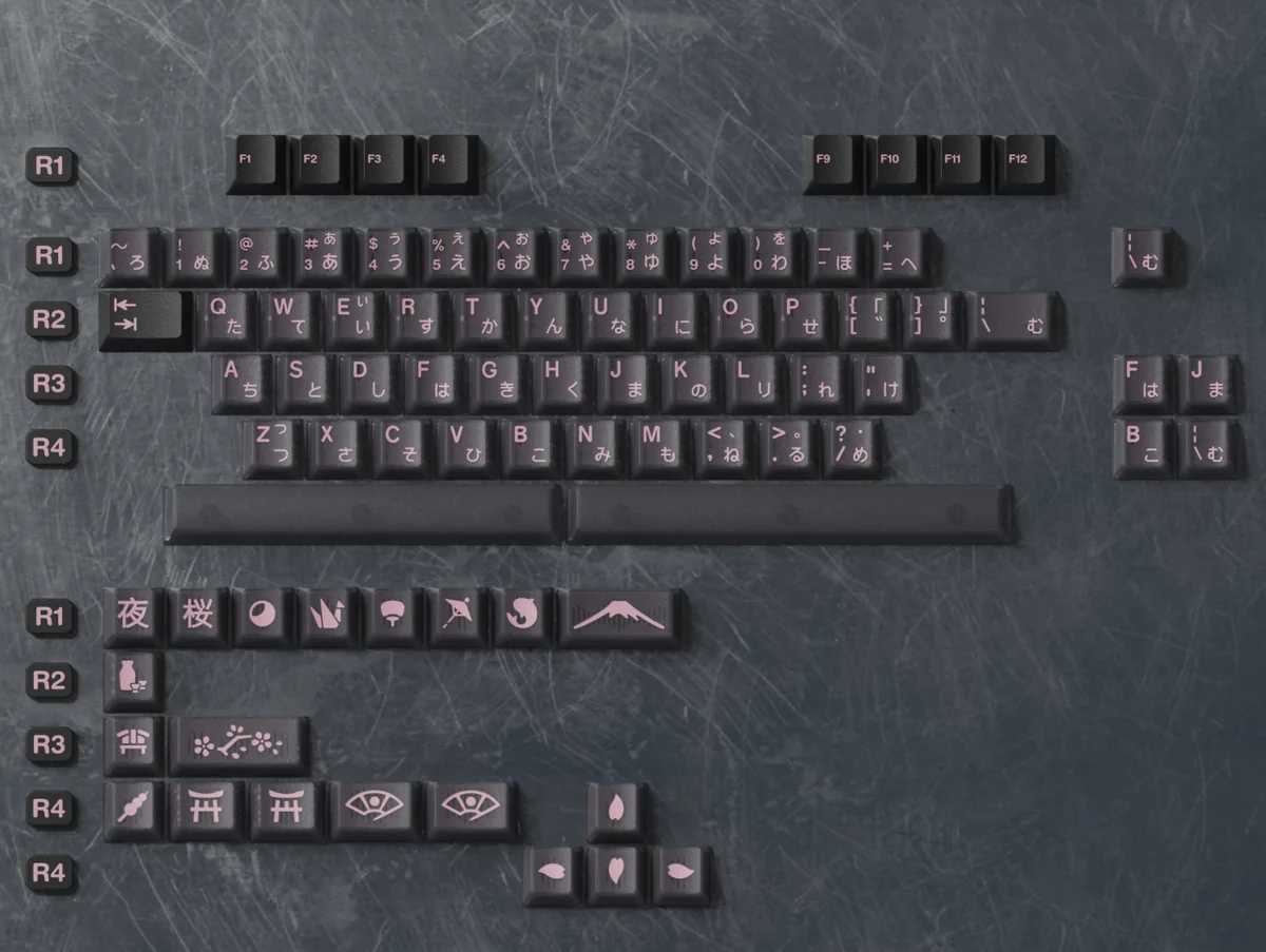 Premium Night Sakura R2 keycaps showcasing elegant Japanese cherry blossom design with deep hues and delicate pink accents.