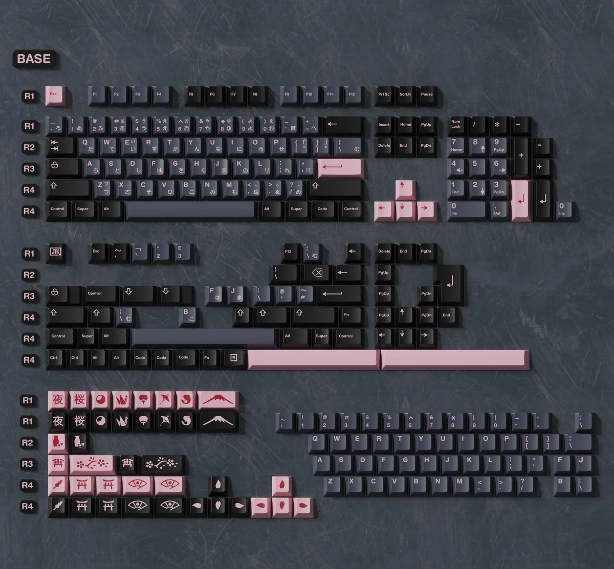 Premium Night Sakura R2 keycaps in a main display. Features elegant double-shot ABS with deep hues and delicate pink cherry blossom accents.
