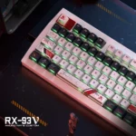 Close-up of premium Nu Gundam PBT keycaps showcasing the iconic RX-93 mecha design and vibrant side-lit legends from multiple angles.