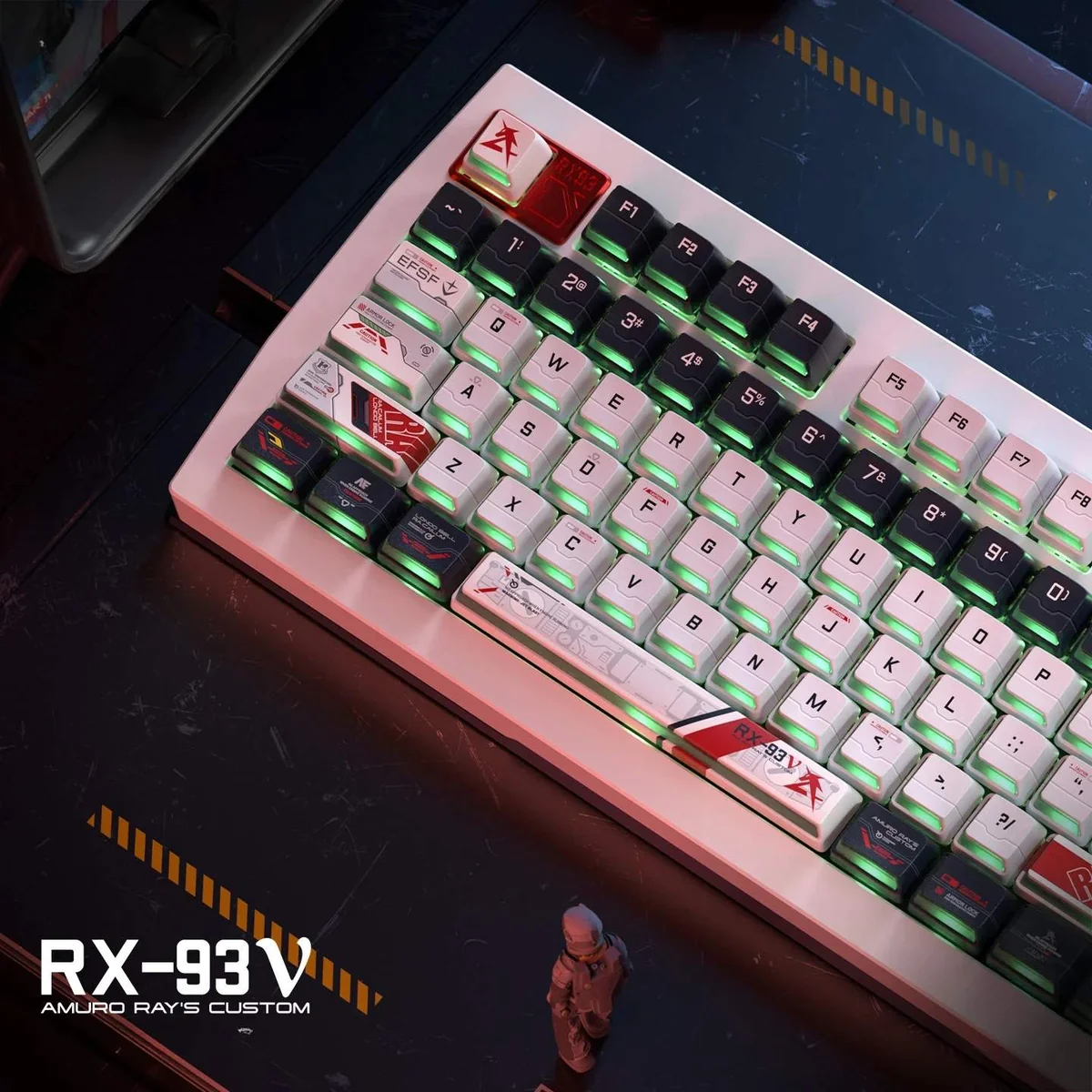 Close-up of premium Nu Gundam PBT keycaps showcasing the iconic RX-93 mecha design and vibrant side-lit legends from multiple angles.