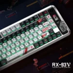Close-up of premium Nu Gundam RX-93 PBT keycaps, showcasing their iconic mecha aesthetic and vibrant side-lit legends for a custom keyboard.