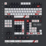 Premium Nu Gundam PBT keycaps, featuring the iconic RX-93 mecha design from multiple angles with vibrant side-lit legends for a futuristic keyboard.