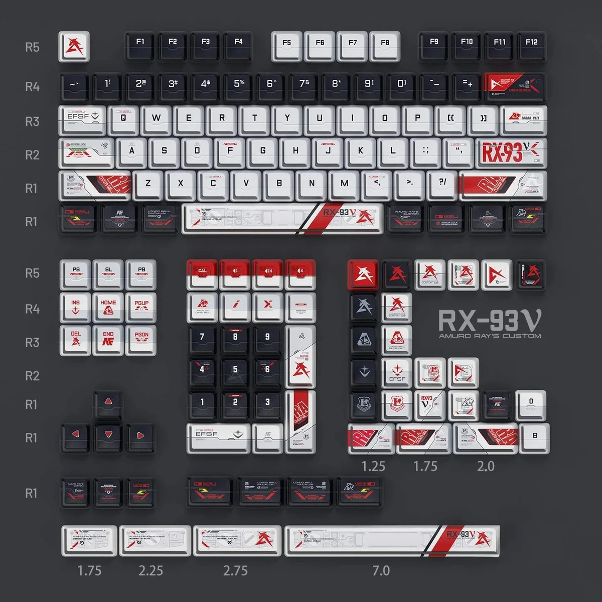 Premium Nu Gundam PBT keycaps, featuring the iconic RX-93 mecha design from multiple angles with vibrant side-lit legends for a futuristic keyboard.