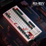 Premium Nu Gundam PBT keycaps set for mechanical keyboards, showcasing iconic RX-93 mecha designs and vibrant side-lit legends.