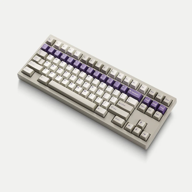Office Love Retro PBT Dye-Sub Keycaps set in a product gallery, showcasing various angles of the vintage office aesthetic with elegant grey, white.