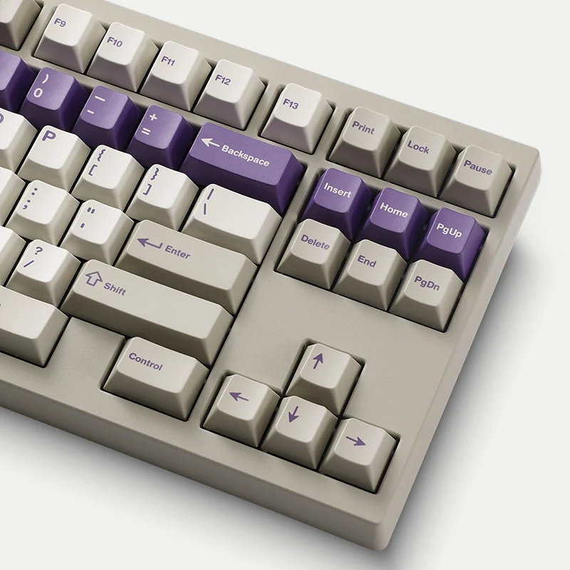 Detailed views of the premium Office Love Keycaps, a retro PBT dye-sublimated set, showcasing sophisticated grey, white, and purple vintage style.