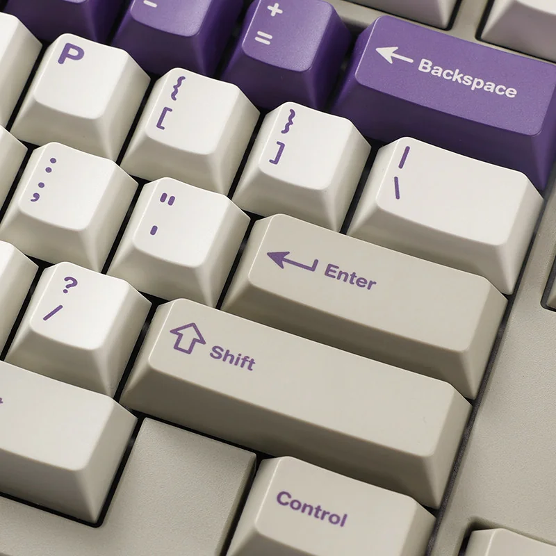 Premium Office Love Keycaps. Retro PBT dye-sub set in sophisticated grey, white, and purple, shown from various angles.