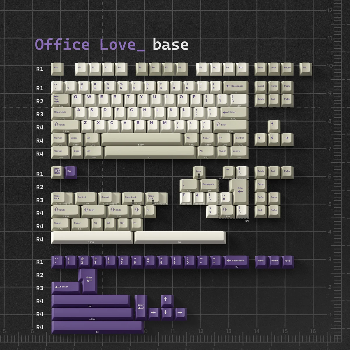 Multiple angles of the Office Love Retro PBT Dye-Sub Keycap Set, highlighting its vintage office aesthetic with sophisticated grey, white.