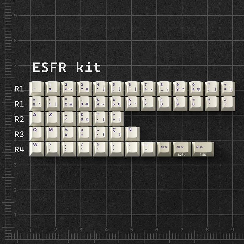 Office Love Retro PBT Dye-Sub Keycap Set displayed from various angles, showcasing its sophisticated grey, white, and purple vintage office aesthetic.