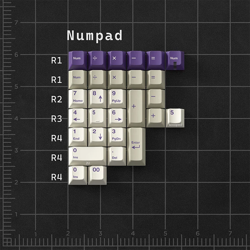 Premium Office Love ESFR keycaps, a retro PBT dye-sub set featuring sophisticated grey, white, and purple accents, capturing a vintage office aesthetic.