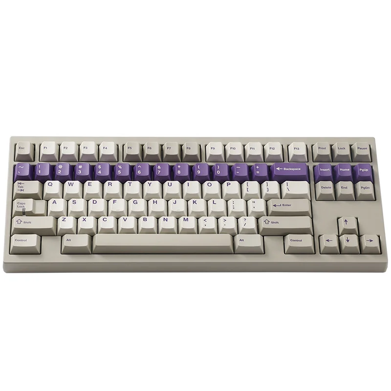 Office Love Keycaps: Premium retro PBT dye-sub keycap set in sophisticated grey, white, and purple, capturing a vintage office aesthetic.