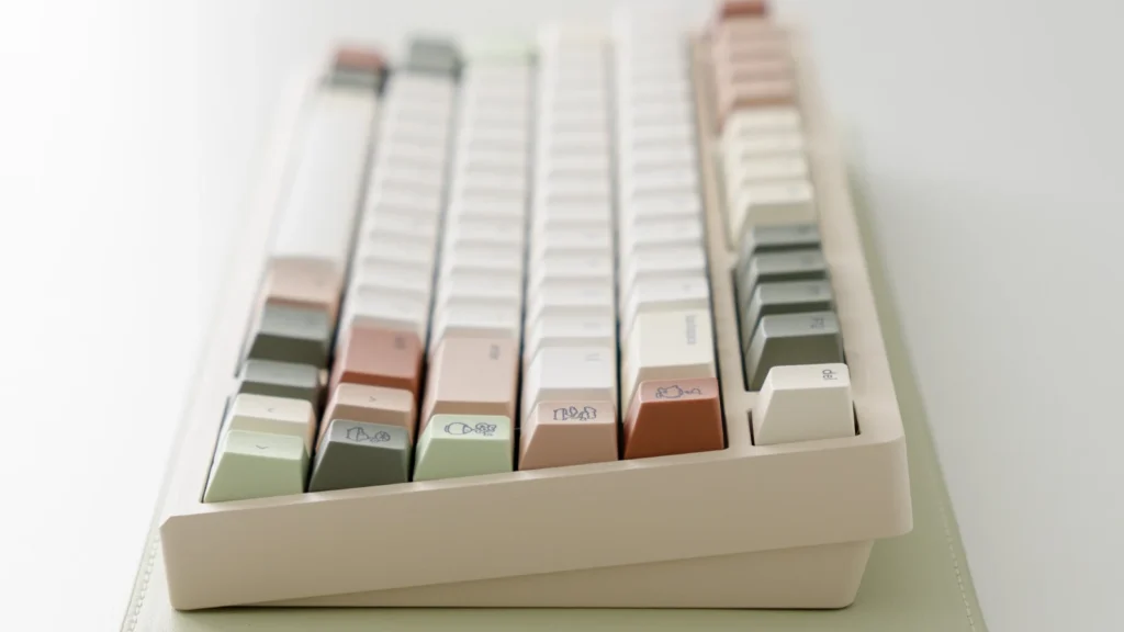 Osume Zen keycaps on a calm neutral desk setup with warm earthy accents