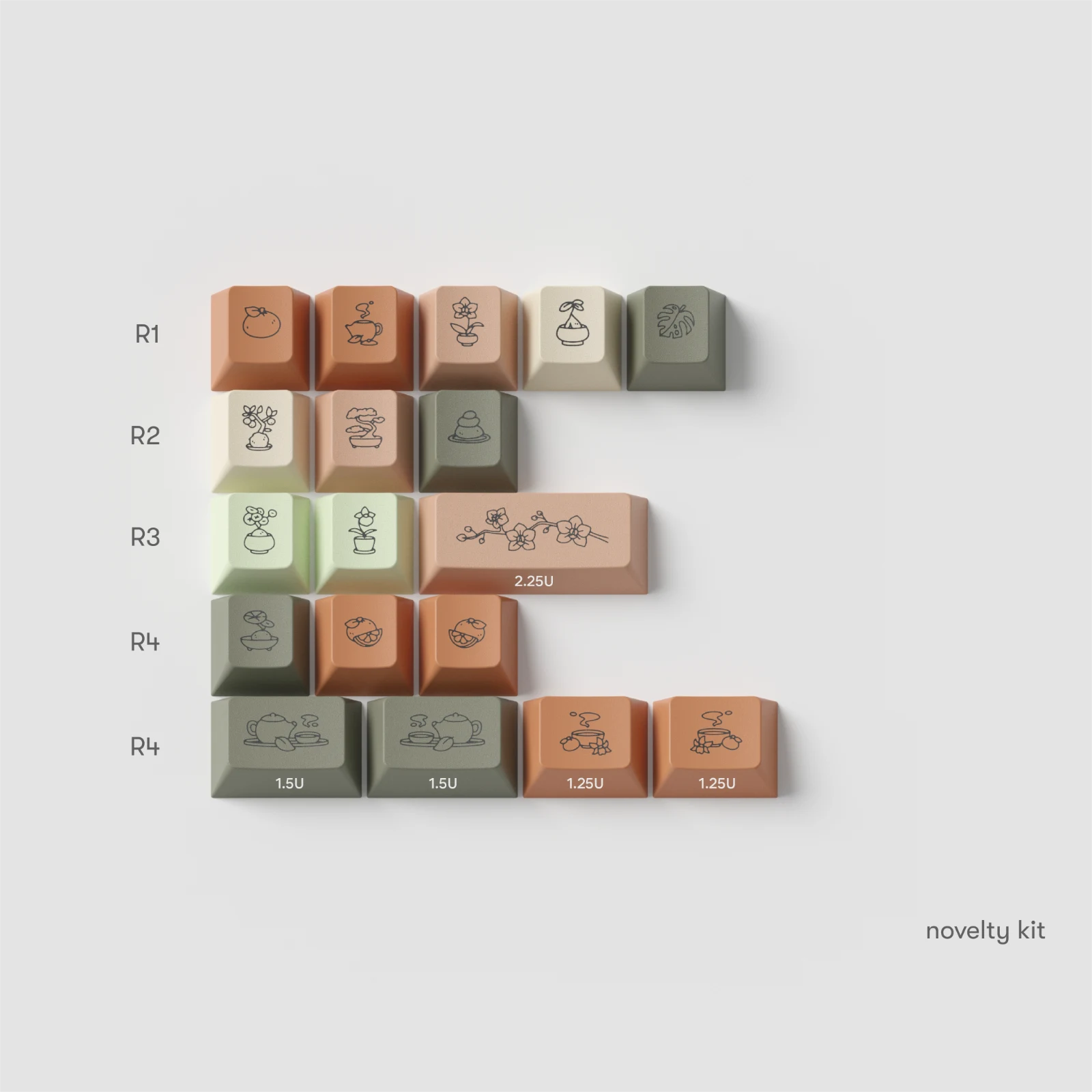 Osume Zen novelty keycap kit with plant, tea, and decor illustrations