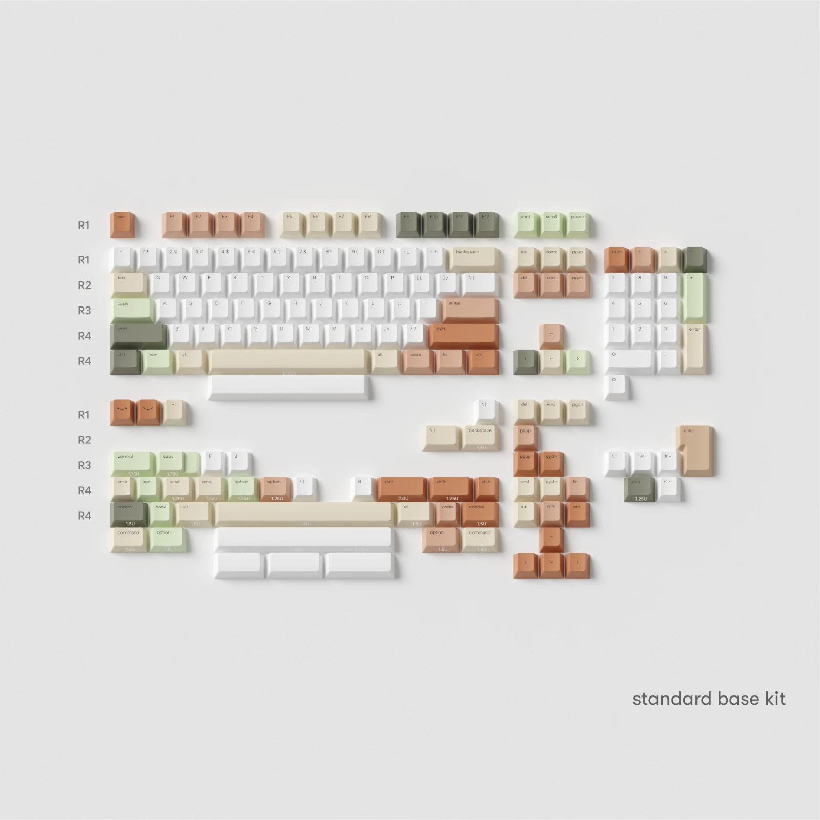 Osume Zen standard base kit layout with key sizes and earthy color groups