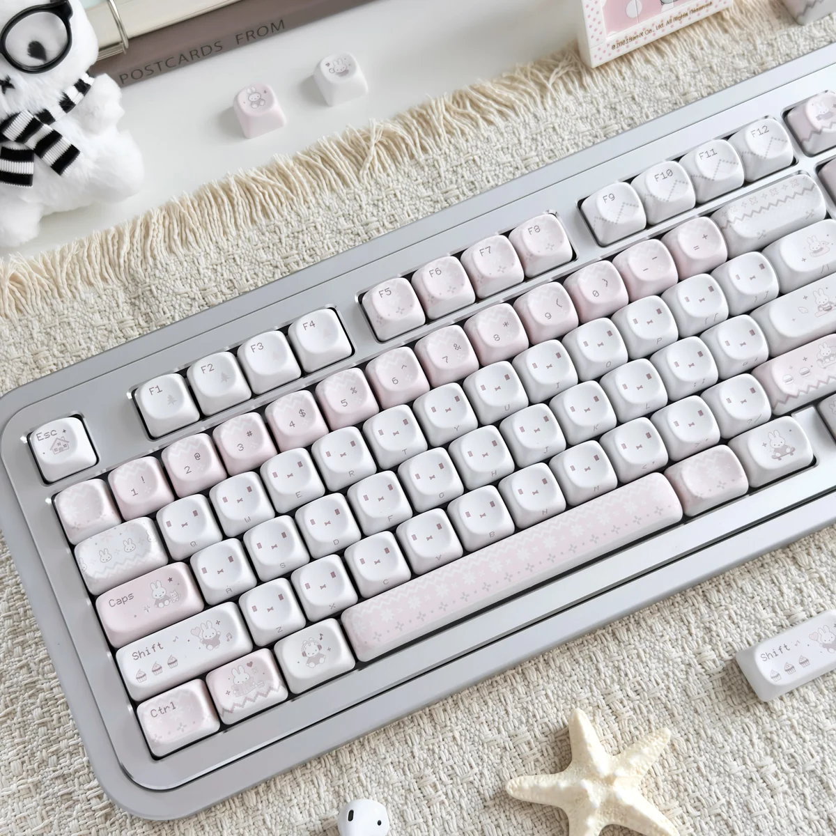 Miffy & Friends MOA PBT Dye-Sub Keycaps set, displayed from a fresh angle. Whimsical characters and soft colors bring iconic playful charm.