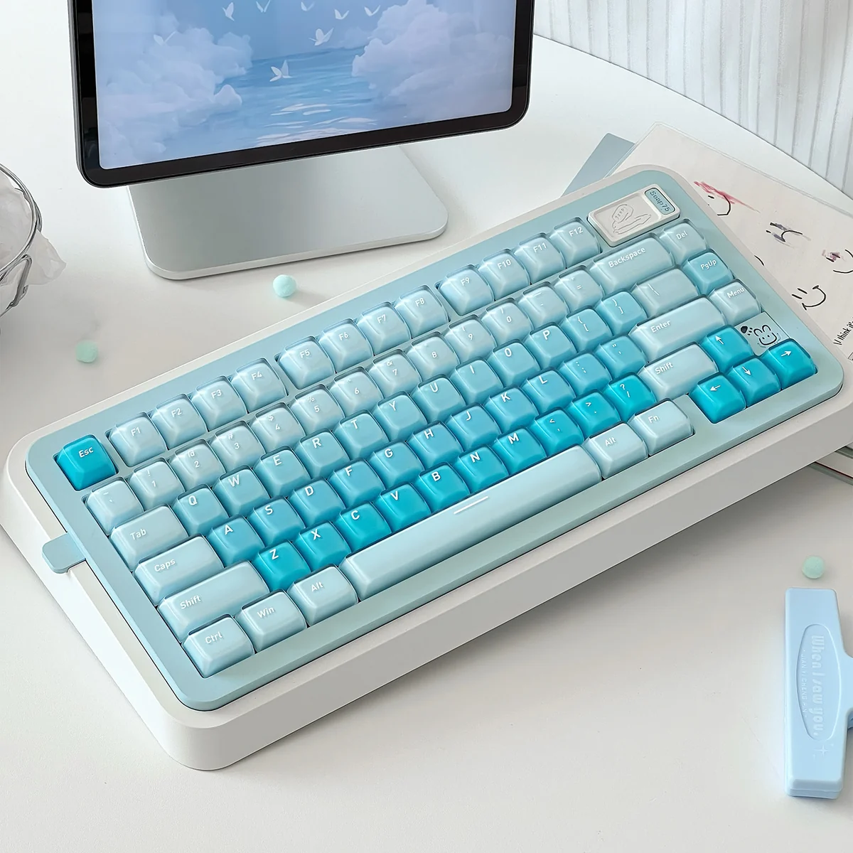 Pastel Pudding Jelly Keycap Set showcasing its sweet, translucent pastel hues and dessert-like aesthetic from various angles, ideal for a playful sweet typing experience.