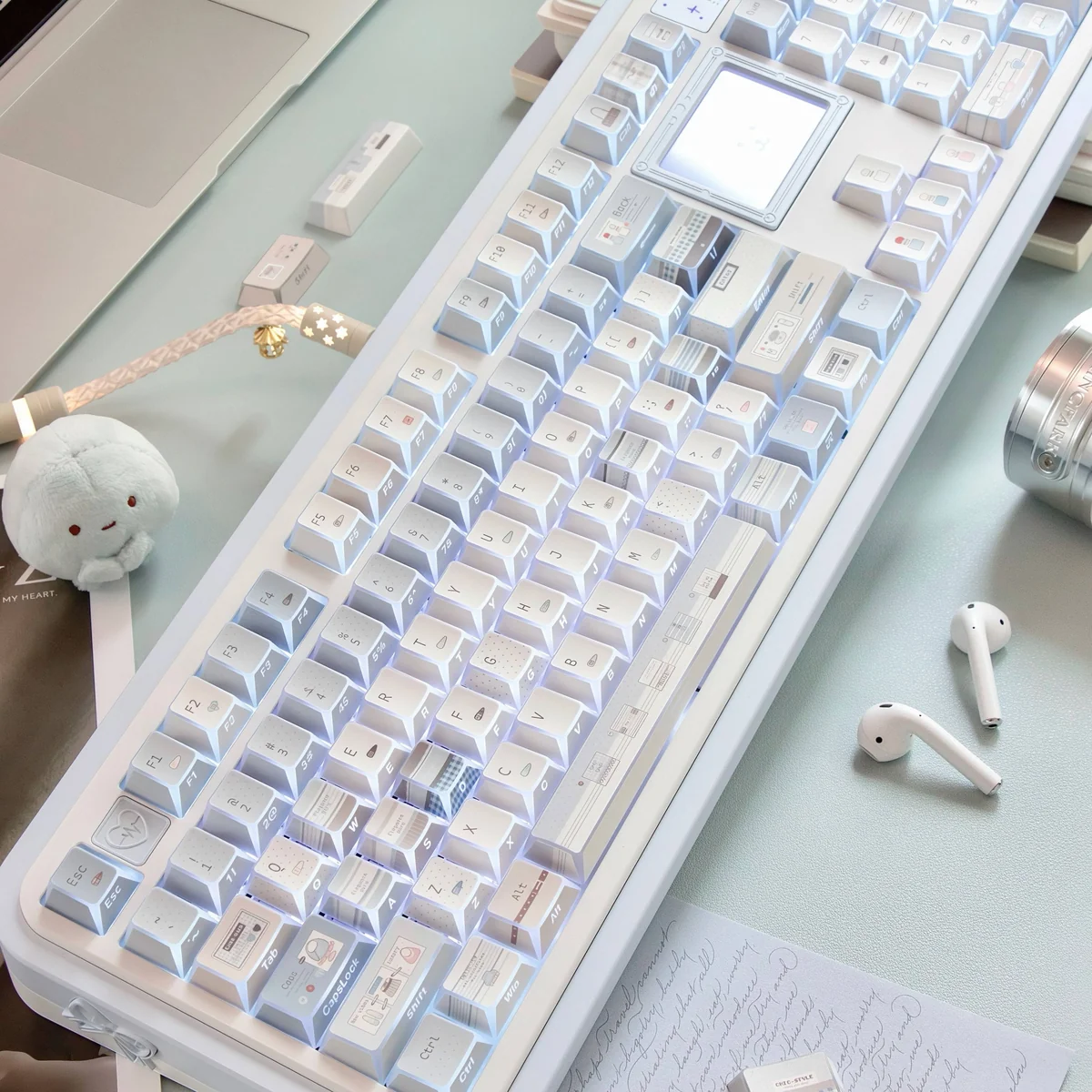 Fashion Girl PBT backlit keycaps set, exquisitely crafted with modern translucent effects and unique style, presented from diverse angles.