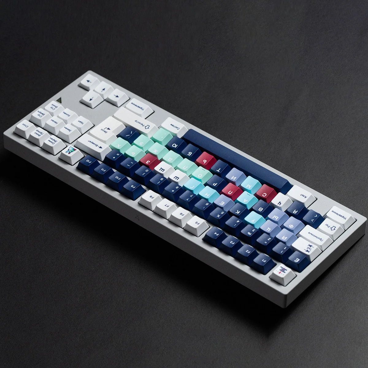 MONTAGE Dye-Sub PBT Cherry Keycaps. Durable PBT, crisp legends. Multiple angles highlight a sleek, sophisticated industrial design.