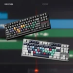 Durable MONTAGE Dye-Sub PBT Cherry Keycaps Set, featuring sleek, polished aesthetics and crisp legends for a sophisticated industrial design.