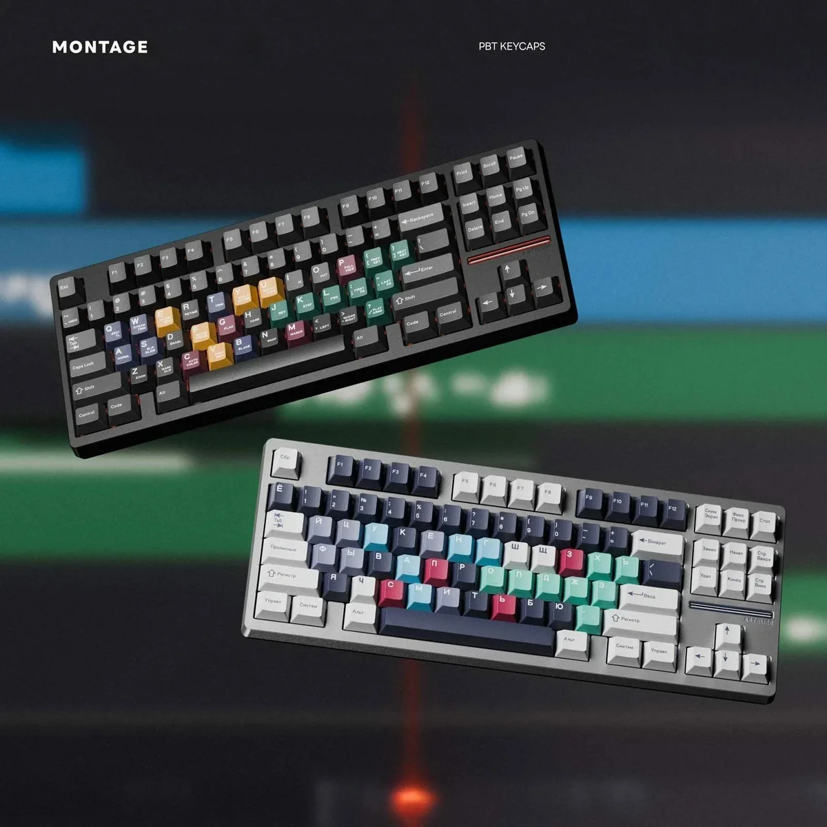 Durable MONTAGE Dye-Sub PBT Cherry Keycaps Set, featuring sleek, polished aesthetics and crisp legends for a sophisticated industrial design.